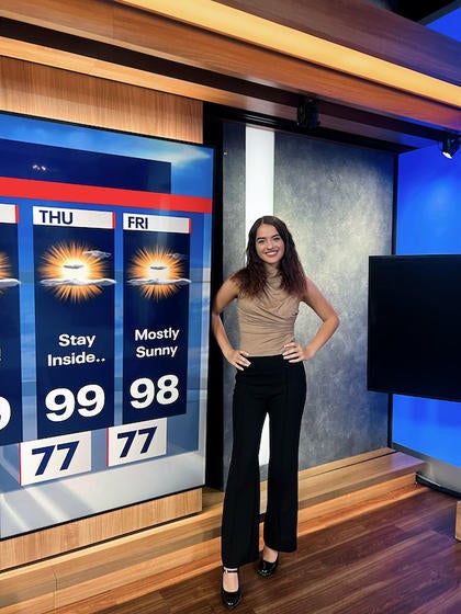 Bell Tucker at the FOX 5 DC studio interning as a weather personality. Photo by Shayla Brown.