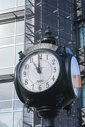 The George Mason clock, a gift from the class of 1999, is back on Wilkins Plaza after a refurbishment.