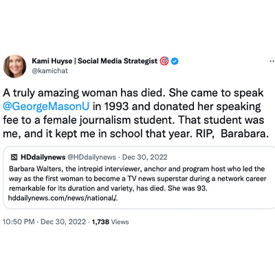 Tribute tweet from Kami Watson-Huyse's Twitter account for Barbara Walters.