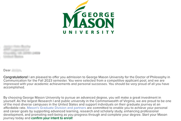 An example of a graduate admission letter from Mason