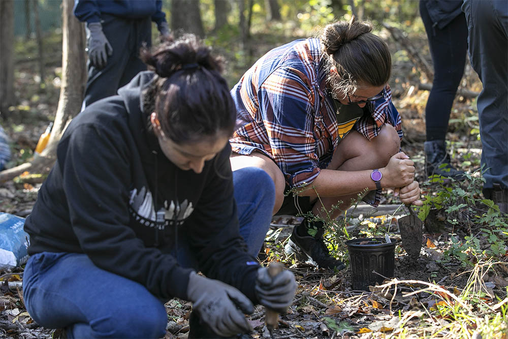 Volunteers plant perennials at the Forensic Science Research and Training Laboratory in support of ongoing research to determine if traces of human remains can be identified in the plants or in the honey produced by pollinators
