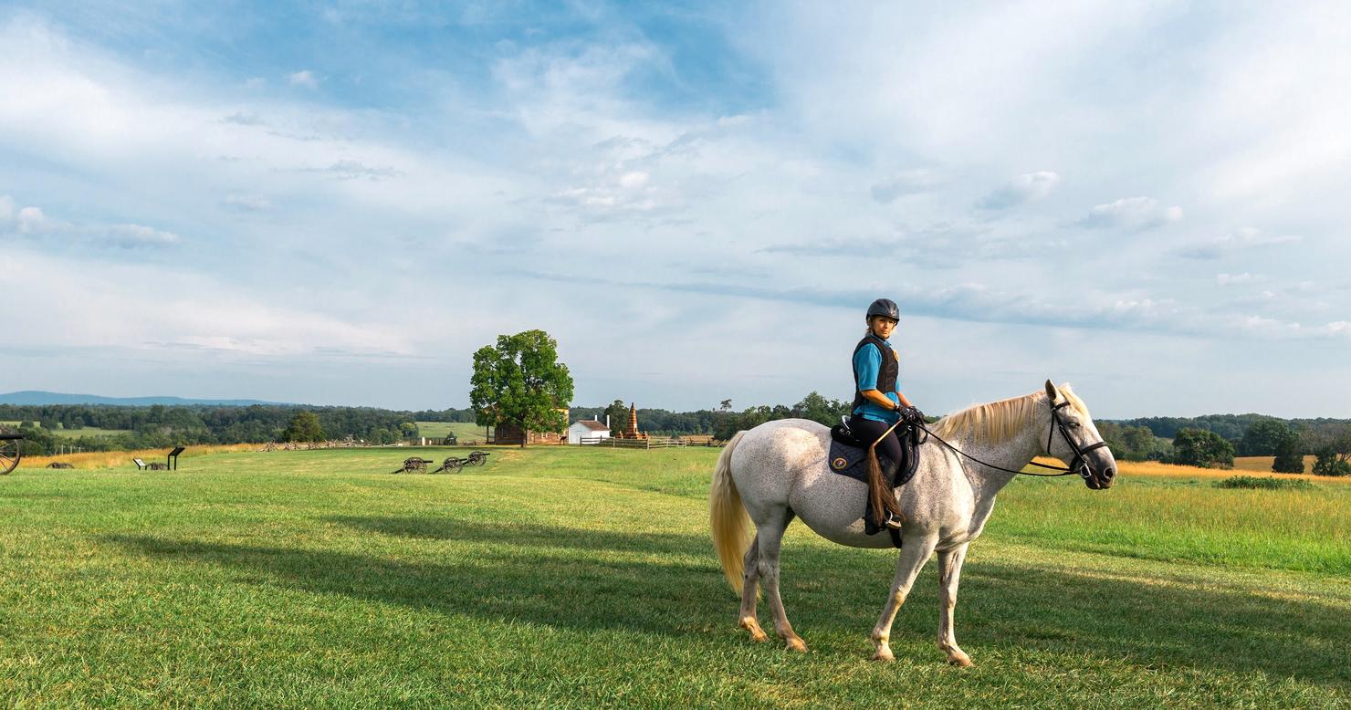 Pam Promisel on horseback on top of a white horse on a green, grassy field. There is a bright blue sky in the background, along with a farmhouse.