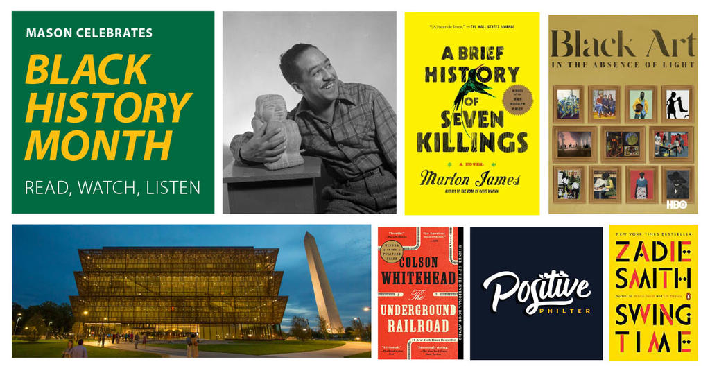 Collage of books, museums, podcasts for Black History Month