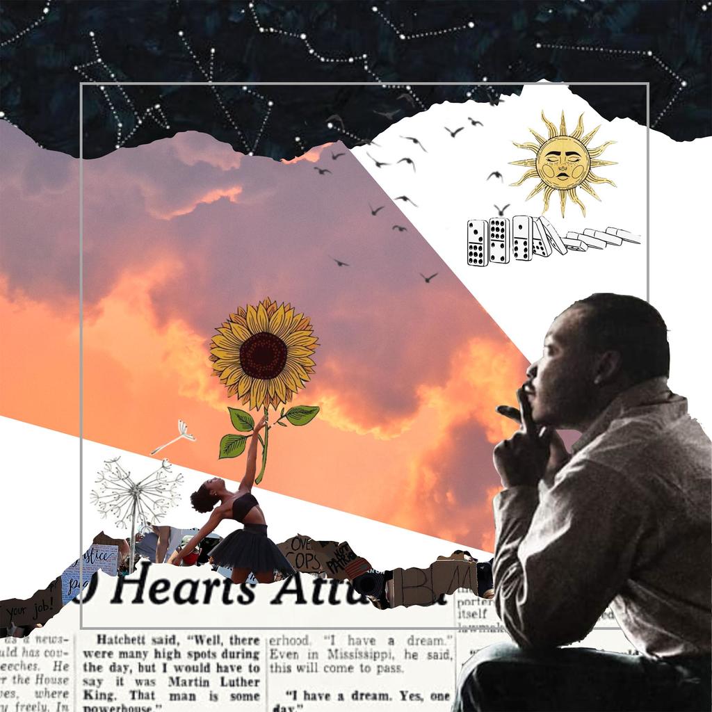 a seated, side looking Martin Luther King looks up to the far left to a cloud filled pinkish sky and a sun flower. A graphic sun is above to the right, dominoes just below. 