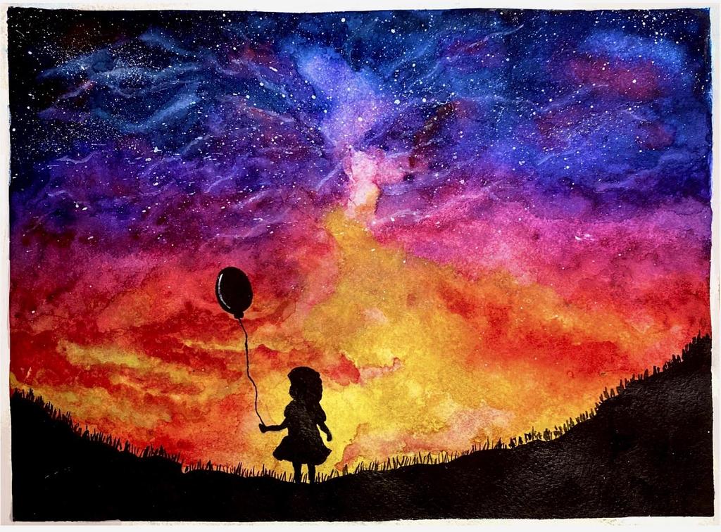 The silhouette of a young girl holding a balloon against an orange, yellow, pink, red, purple sky.