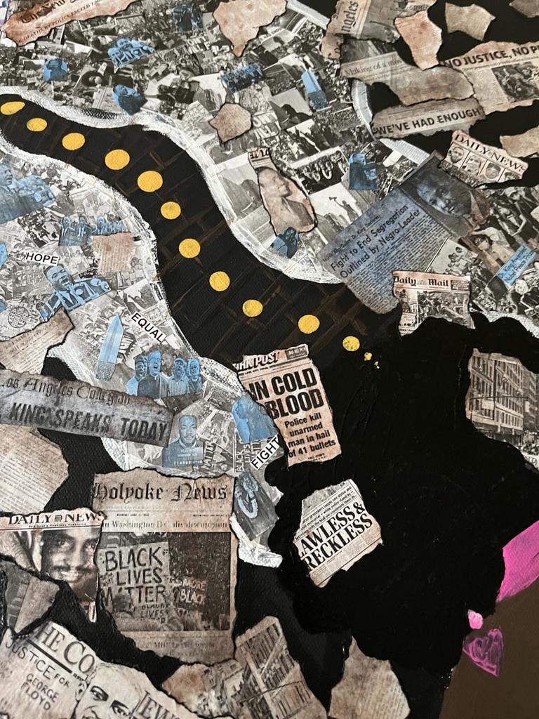 a collage of newspaper headlines over a black meandering road with yellow dots up the center.