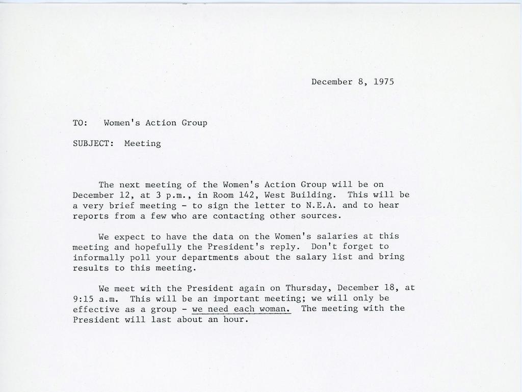 Women's Action Group letter from 1975