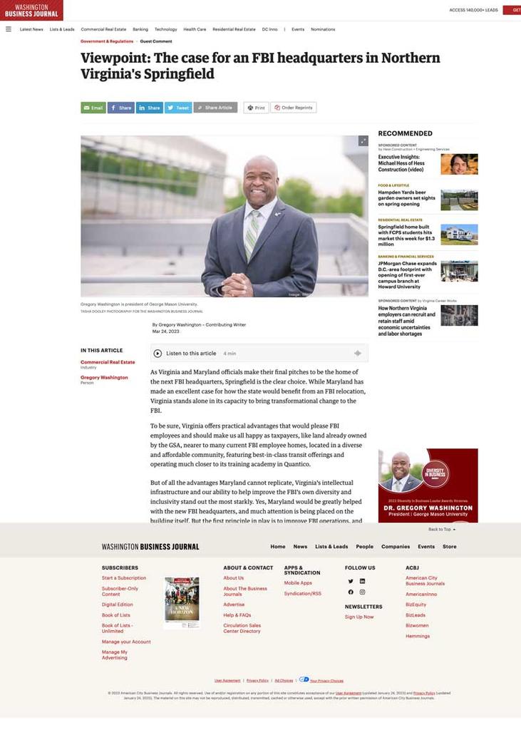 A cropped view of the digital version of the Washington Business Journal article detailing Gregory Washington's support for new FBI Headquarters in Northern Virginia. Washington Business Journal March 24, 2023. 