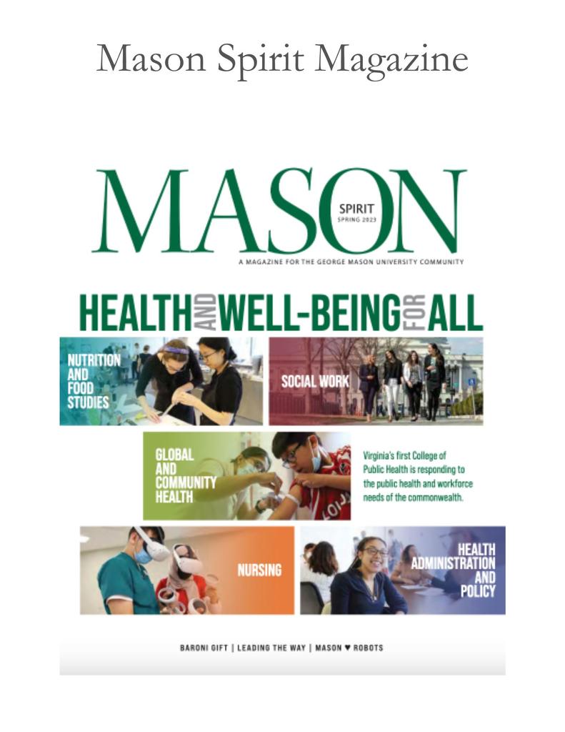 Cover art for Mason's Spirit Magazine Spring 2023 Edition features photos of students in classrooms and on campus.