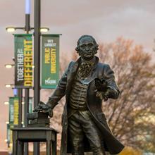 George Mason Statue stands at the center of the George Mason University Fairfax Virginia Campus