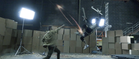 Two stunt performers practice movements while shooting previs (previsualization) scenes for Shang Chi and the Legend of the Ten Rings. Joseph Le was the action designer for this sequence.