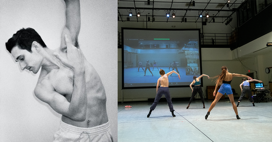 A composite image shows a black and white portrait of Justin Peck on the left side of the image, with a view of students in George Mason University's School of Dance taking a class using The LIVE Center's Window Wall technology.