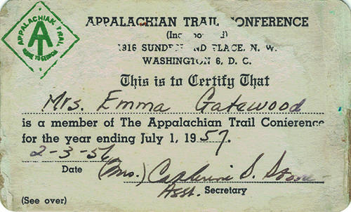 	The ATC membership card of Emma “Grandma: Gatewood, first woman to hike the whole trail solo.