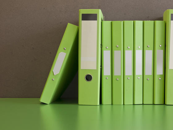 Bright green three-ring binders lined up on a shelf