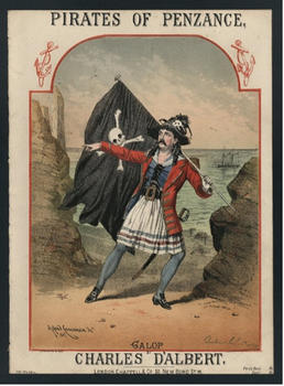 Sheet music for Pirates of Penzance shows a mustached pirate pointing, against a background of a black pirate flag with a skull and crossbones.